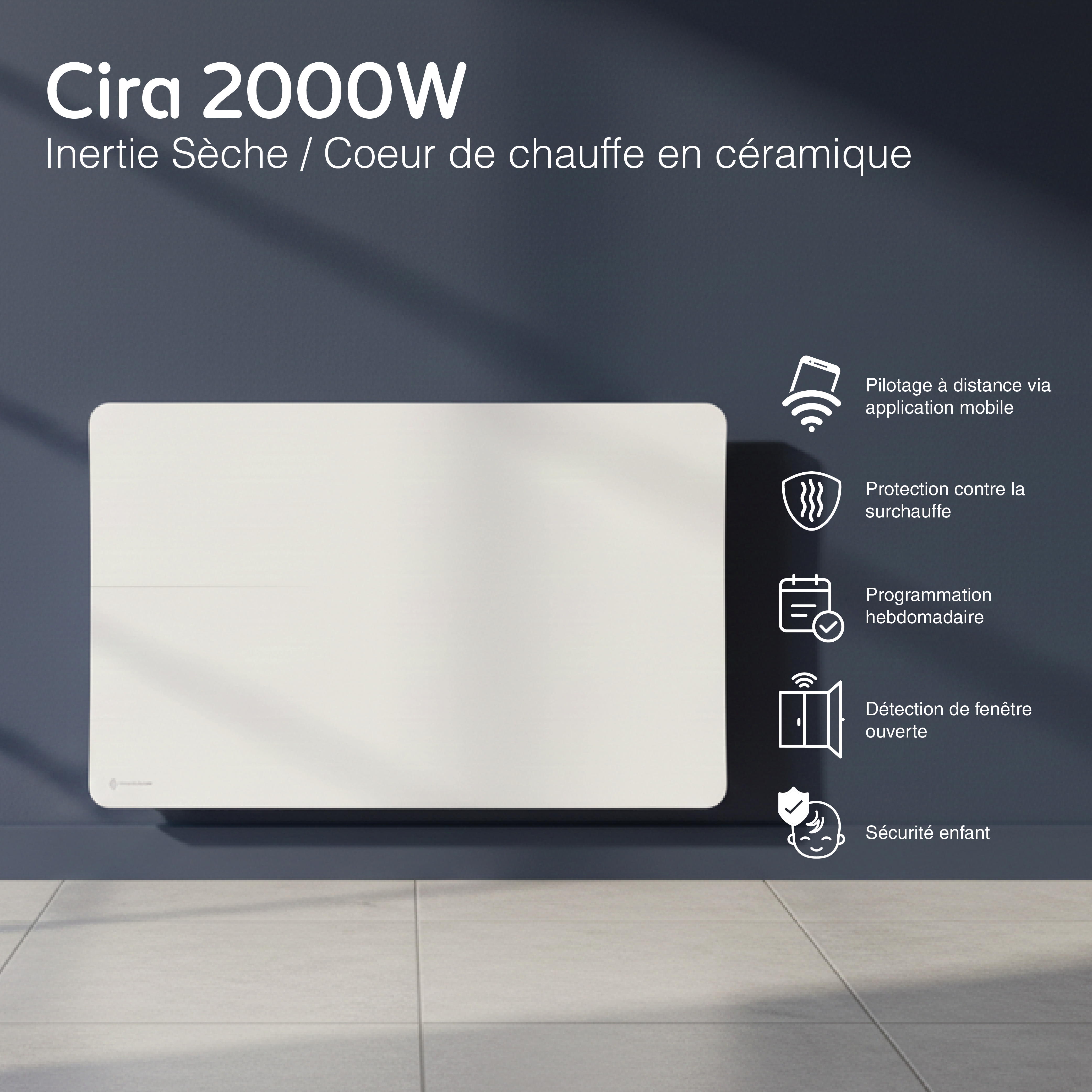 Radiatore elettrico connesso 2000W doppio sistema di riscaldamento orizzontale Bianco Cira