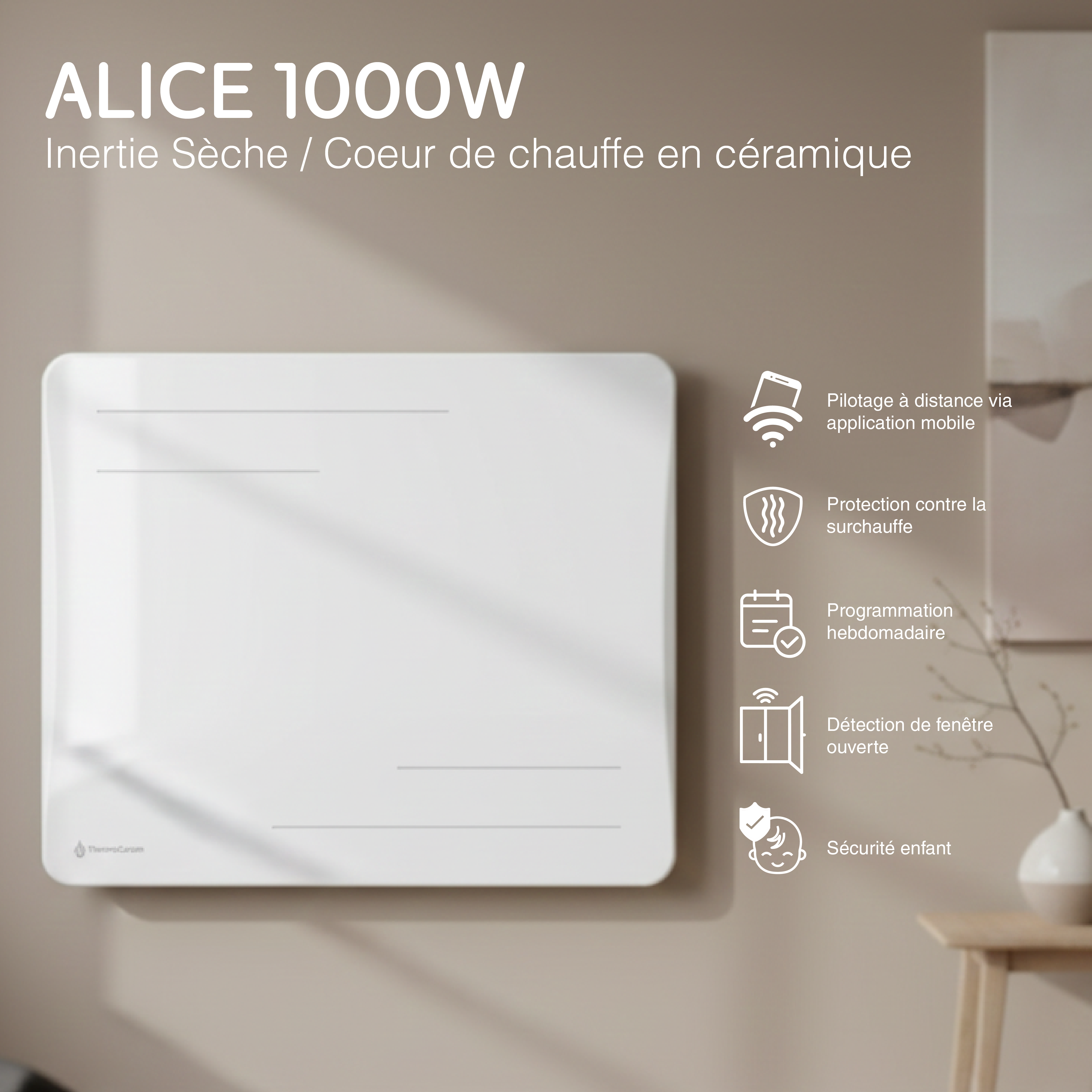 Radiatore elettrico connesso 1000W a inerzia secca in ceramica orizzontale Bianco Alice