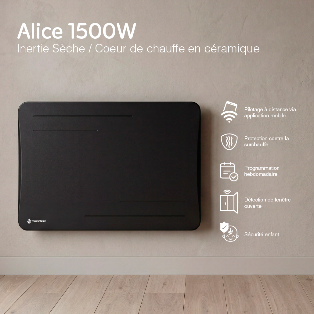 Radiatore elettrico connesso 1500W a inerzia secca in ceramica orizzontale Nero Alice