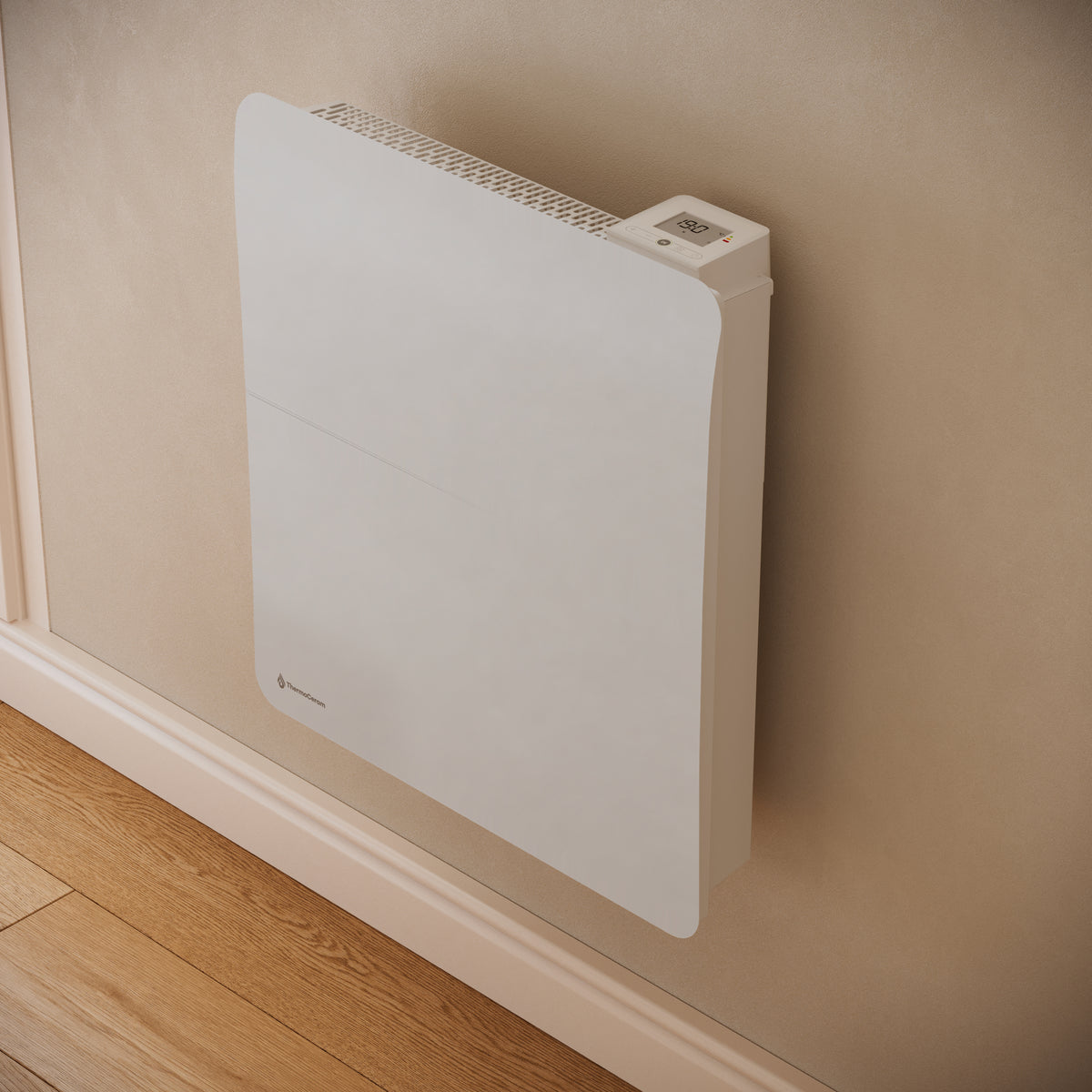 Radiateur Cira 1000 W blanc — gros plan de trois quarts sur le thermostat