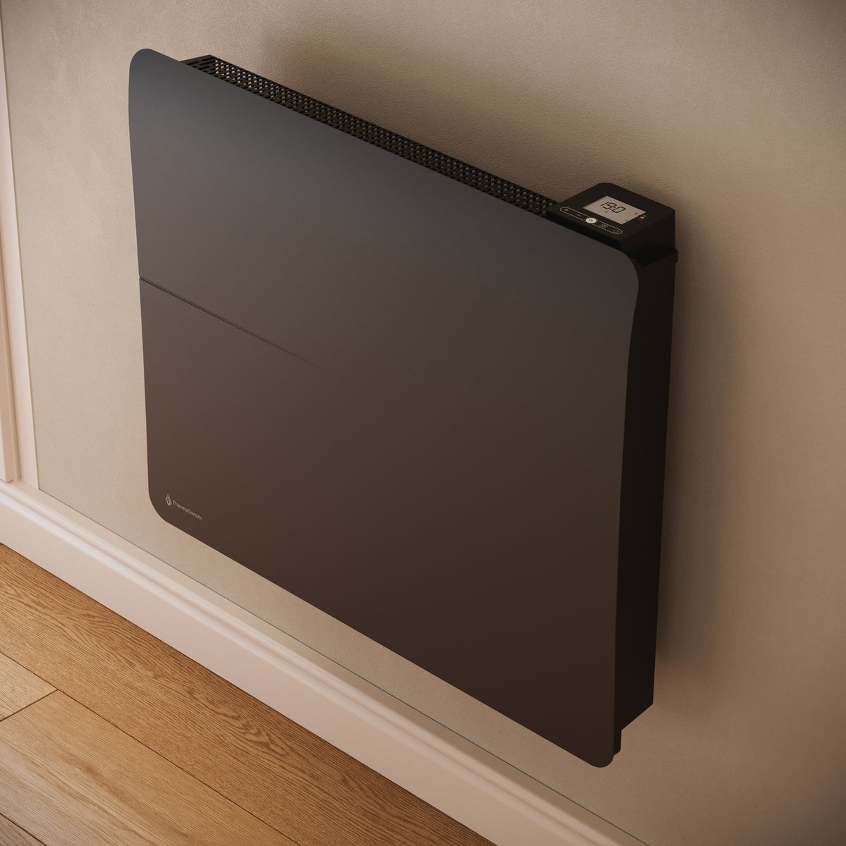 Radiateur Cira 1500 W noir — gros plan de trois quarts sur le thermostat