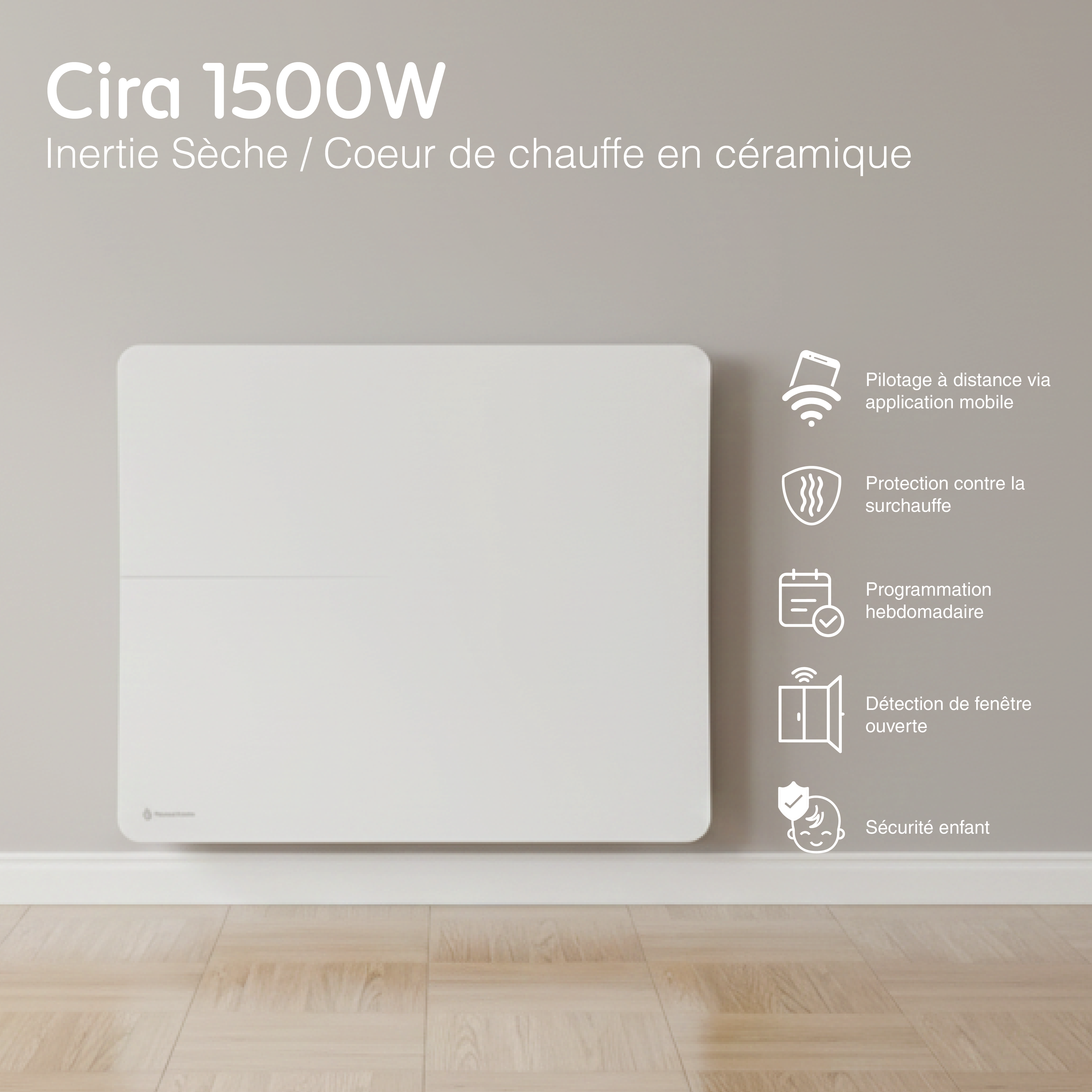 Radiatore elettrico connesso 1500W doppio sistema di riscaldamento orizzontale Bianco Cira