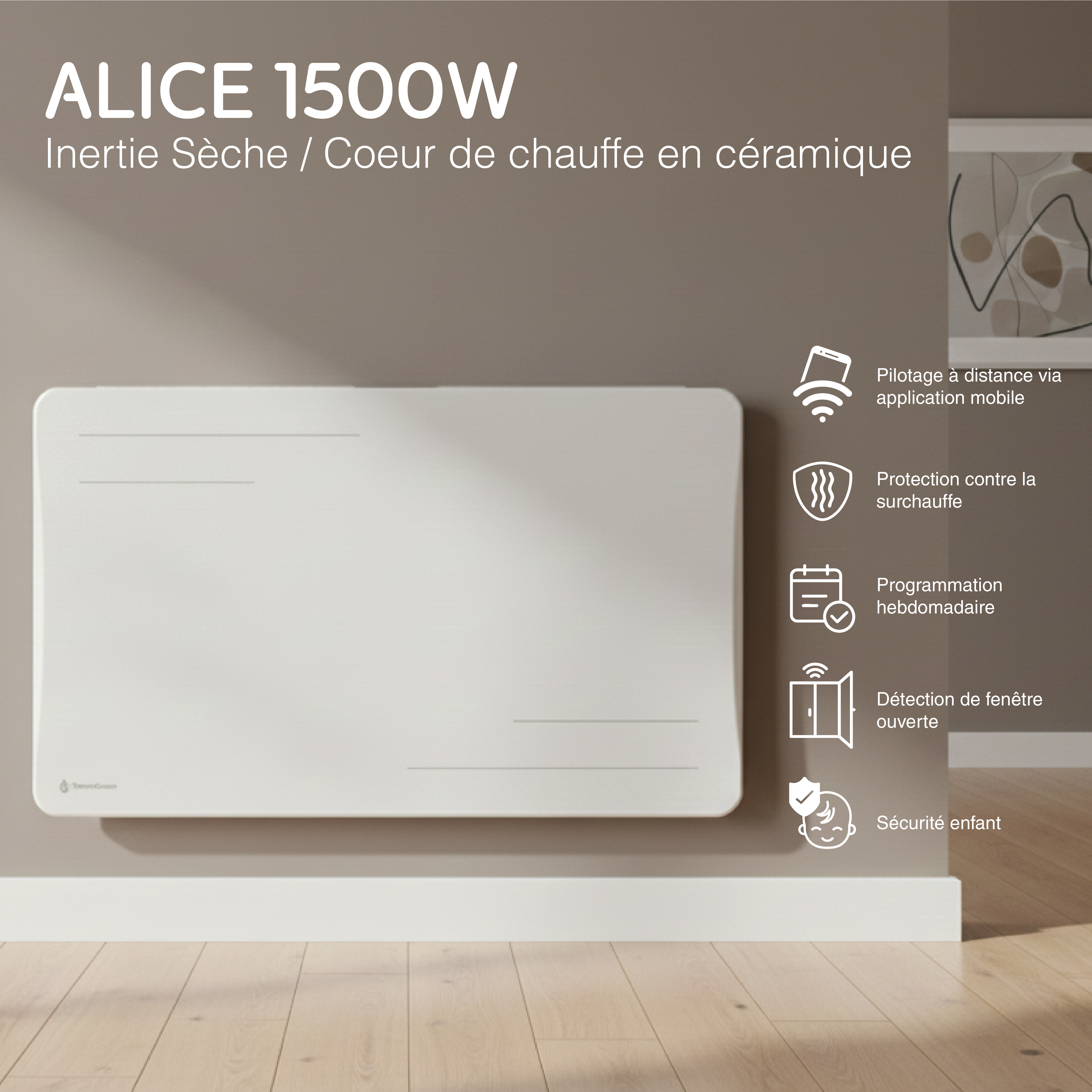 Radiatore elettrico connesso 1500W a inerzia secca in ceramica orizzontale Bianco Alice
