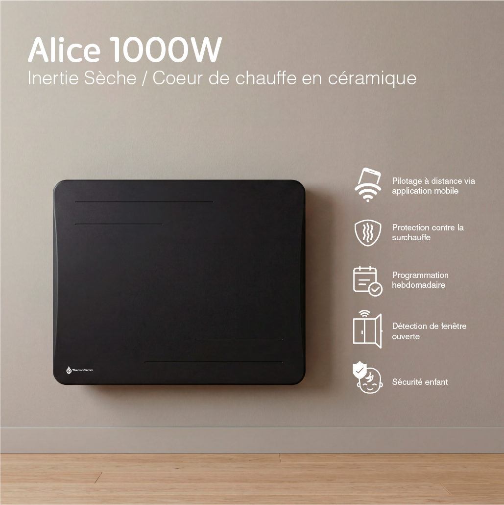 Radiatore elettrico connesso 1000W a inerzia secca in ceramica orizzontale Nero Alice