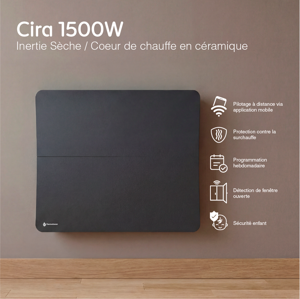 Radiatore elettrico connesso 1500W doppio sistema di riscaldamento orizzontale Nero Cira
