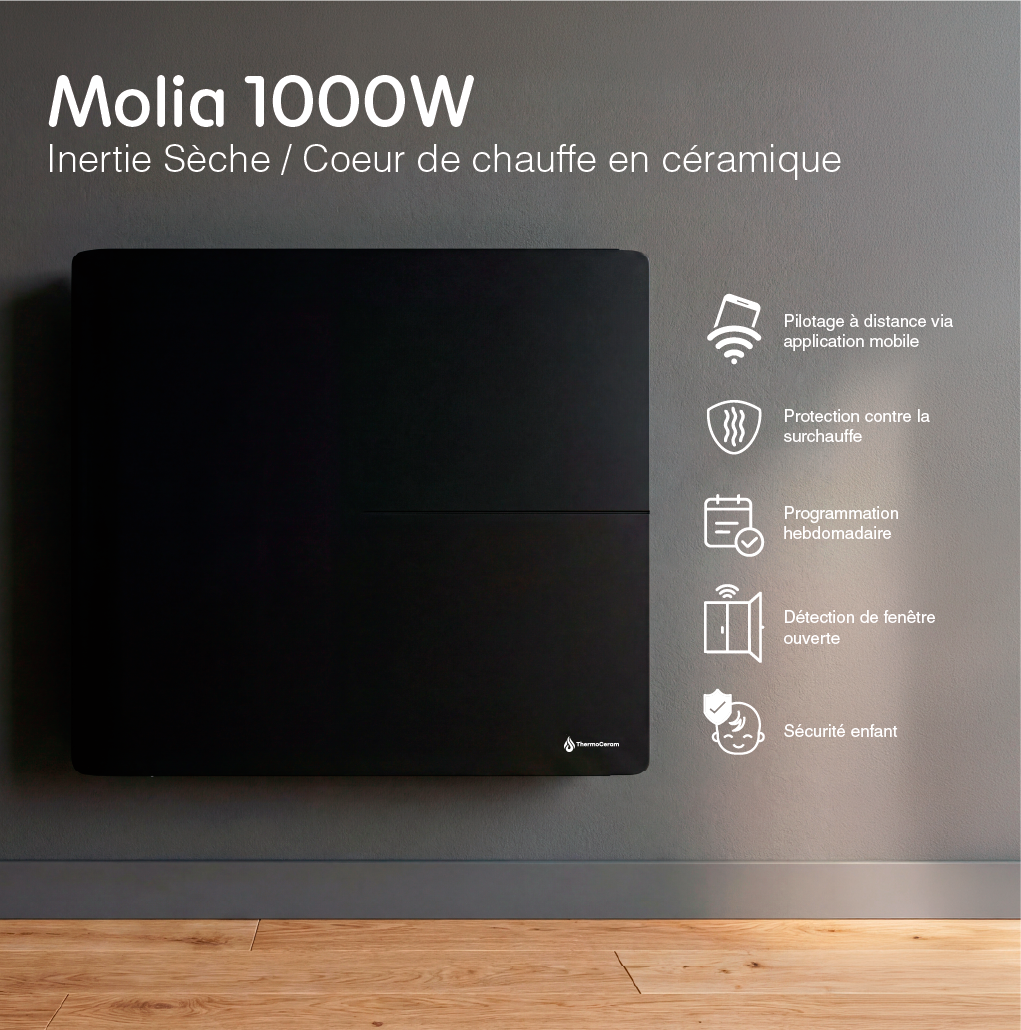 Radiatore elettrico connesso 1000W doppio sistema di riscaldamento orizzontale Nero Molia - Thermoceram FR