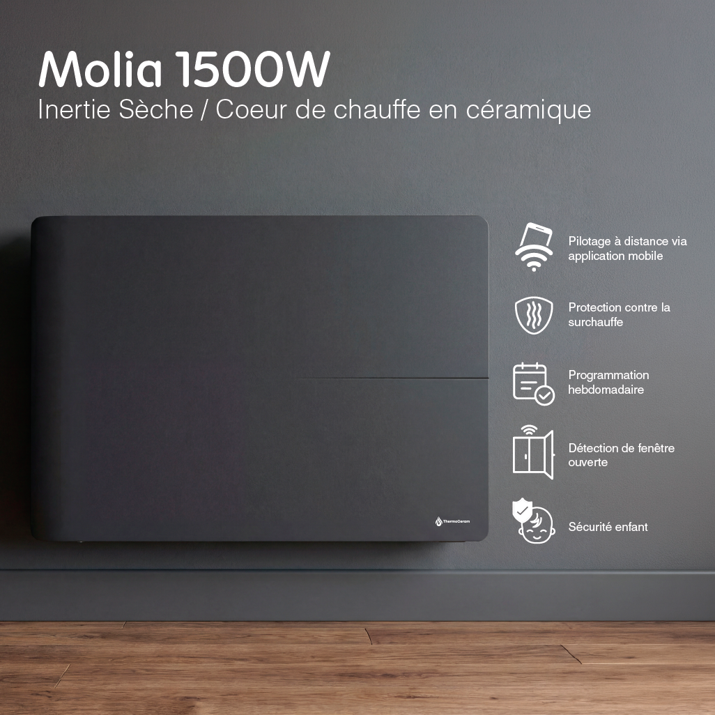 Radiatore elettrico connesso 1500W doppio sistema di riscaldamento orizzontale Nero Molia - Thermoceram FR